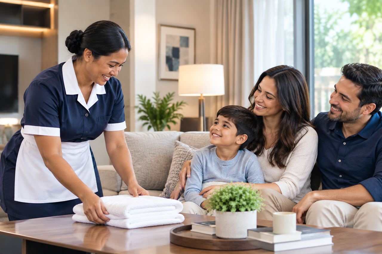 A housekeeper folding towels in a living room while the family she works for sits together on the sofa